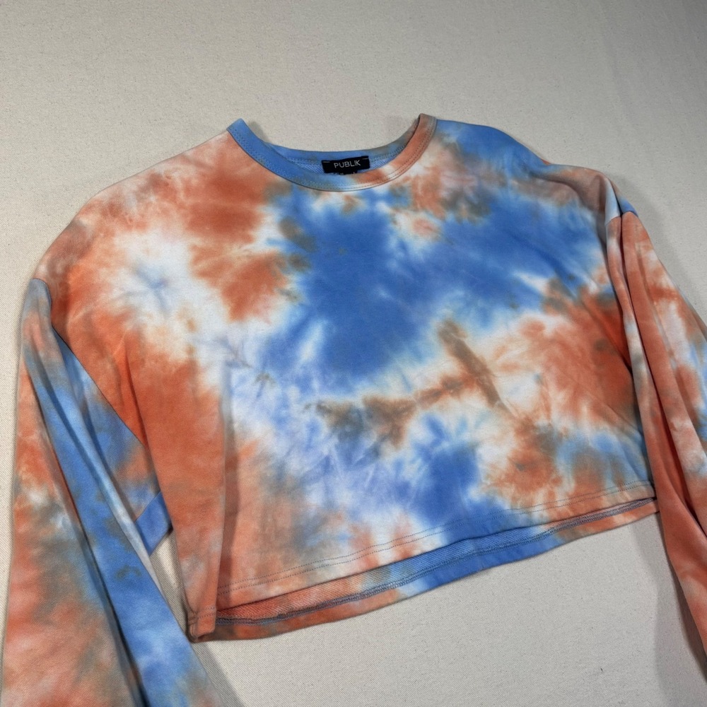 PUBLIK Tie Dye Cropped Long Sleeve Sweatshirt Top Women Blue Orange Y2K Sz Small